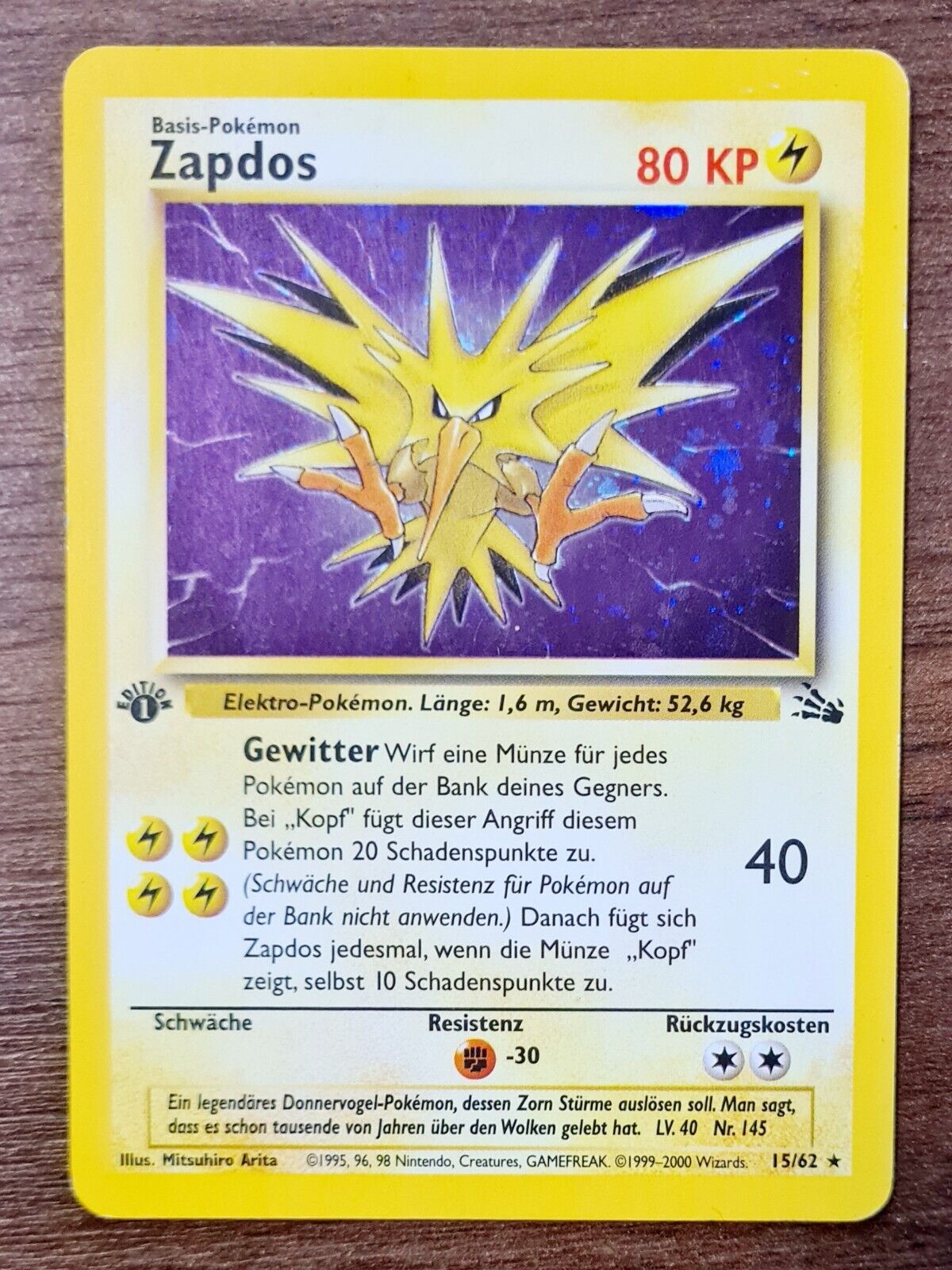 Pokemon Card Trading Card Game Fossil #15/62 Zapdos Holo First Edition