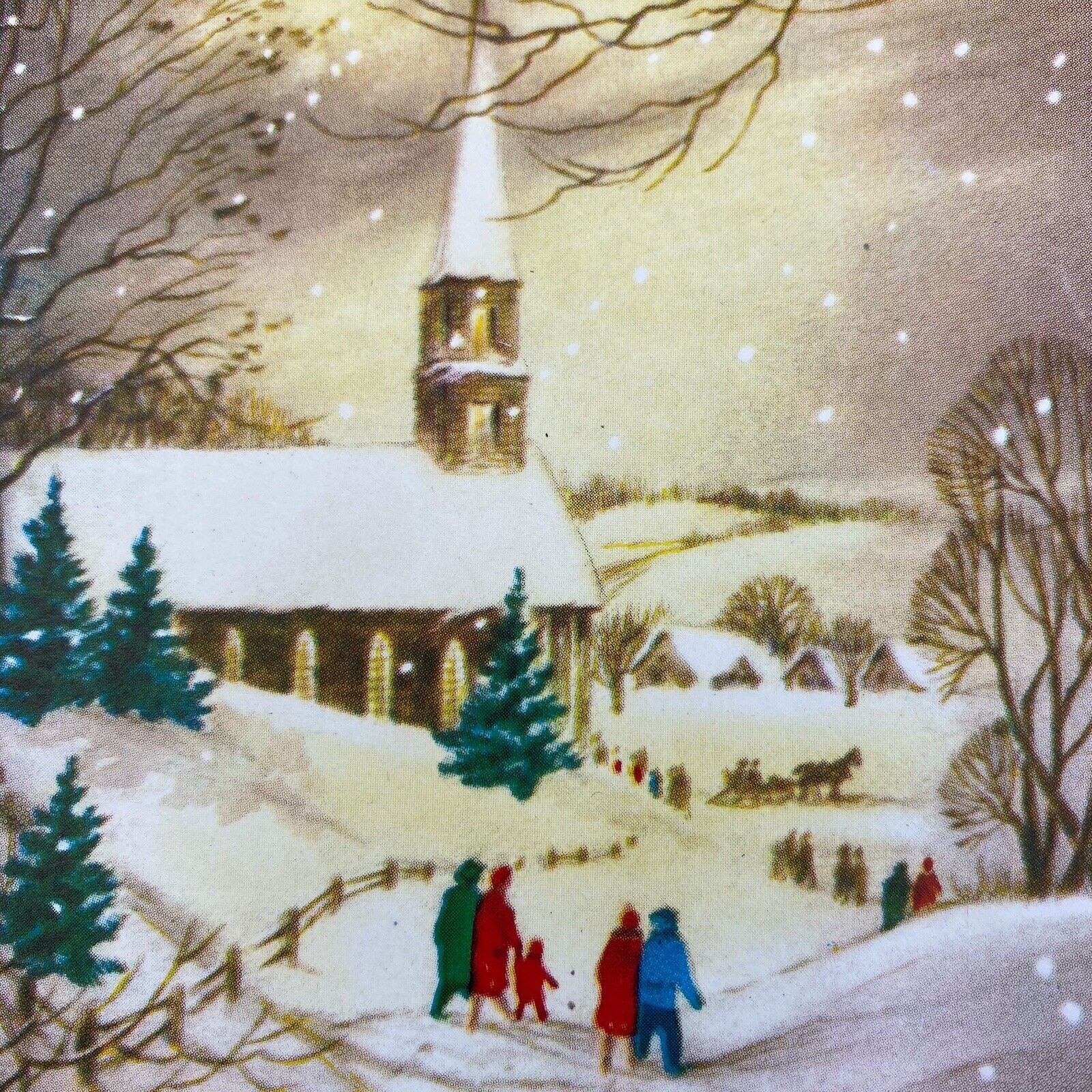 Vintage Mid Century Christmas Greeting Card Brown Church Colorful Villagers