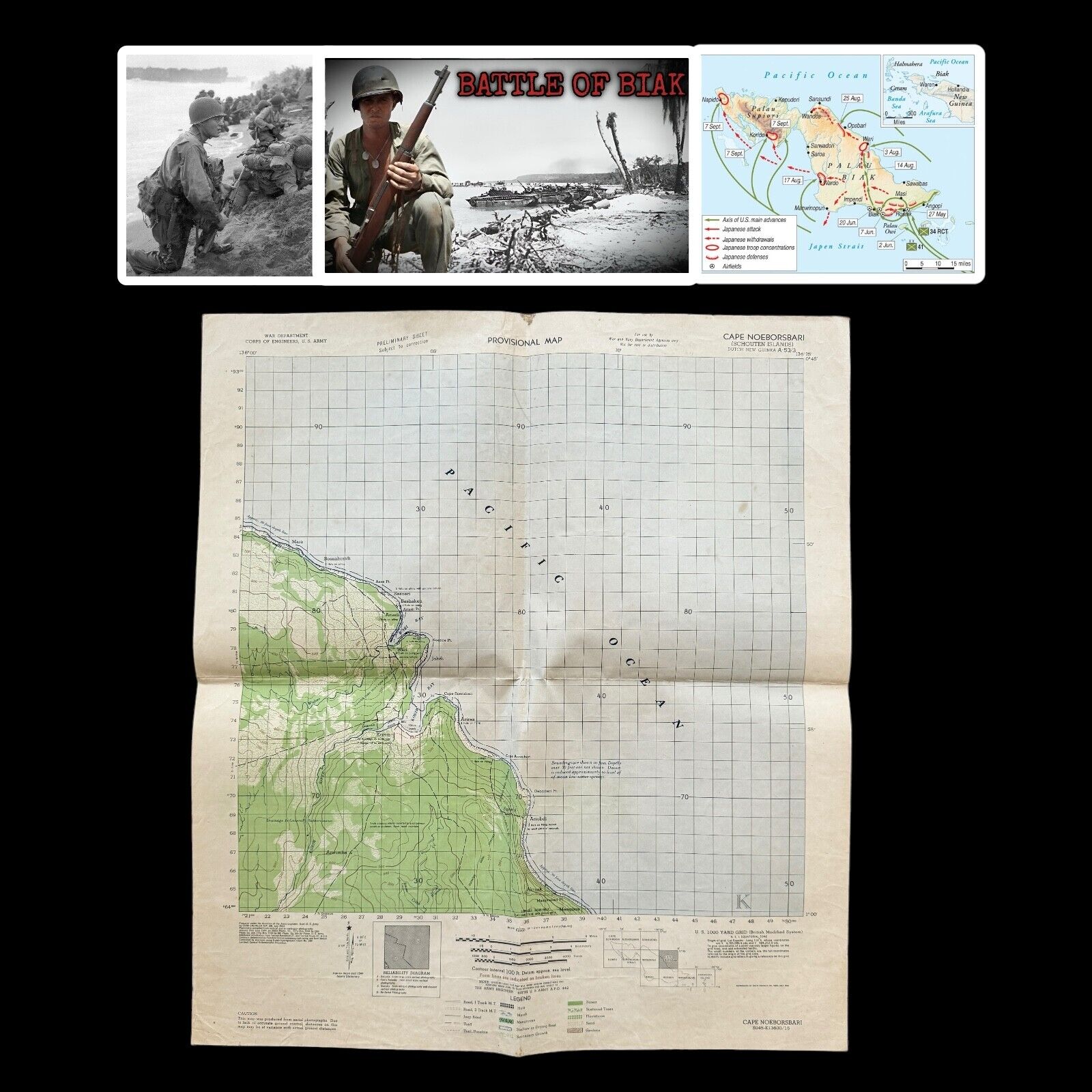 RARE WWII 1944 Battle of Biak New Guinea Hurricane Task Force Infantry Map