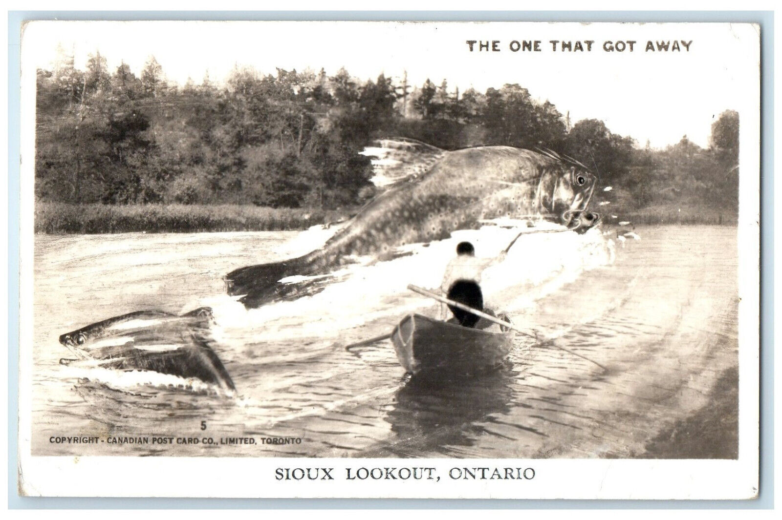 Sioux Lookout Ontario Canada RPPC Photo Postcard Giant Fish Getting Away 1950