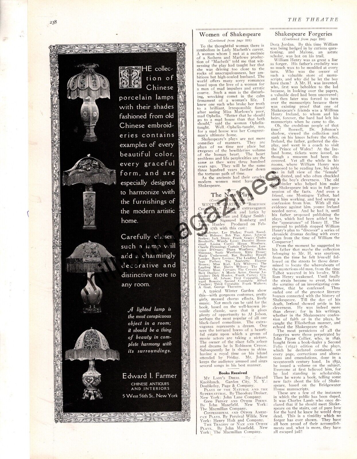 1916 Edward Farmer Chinese porcelain lamps original ad from Theatre - very rare