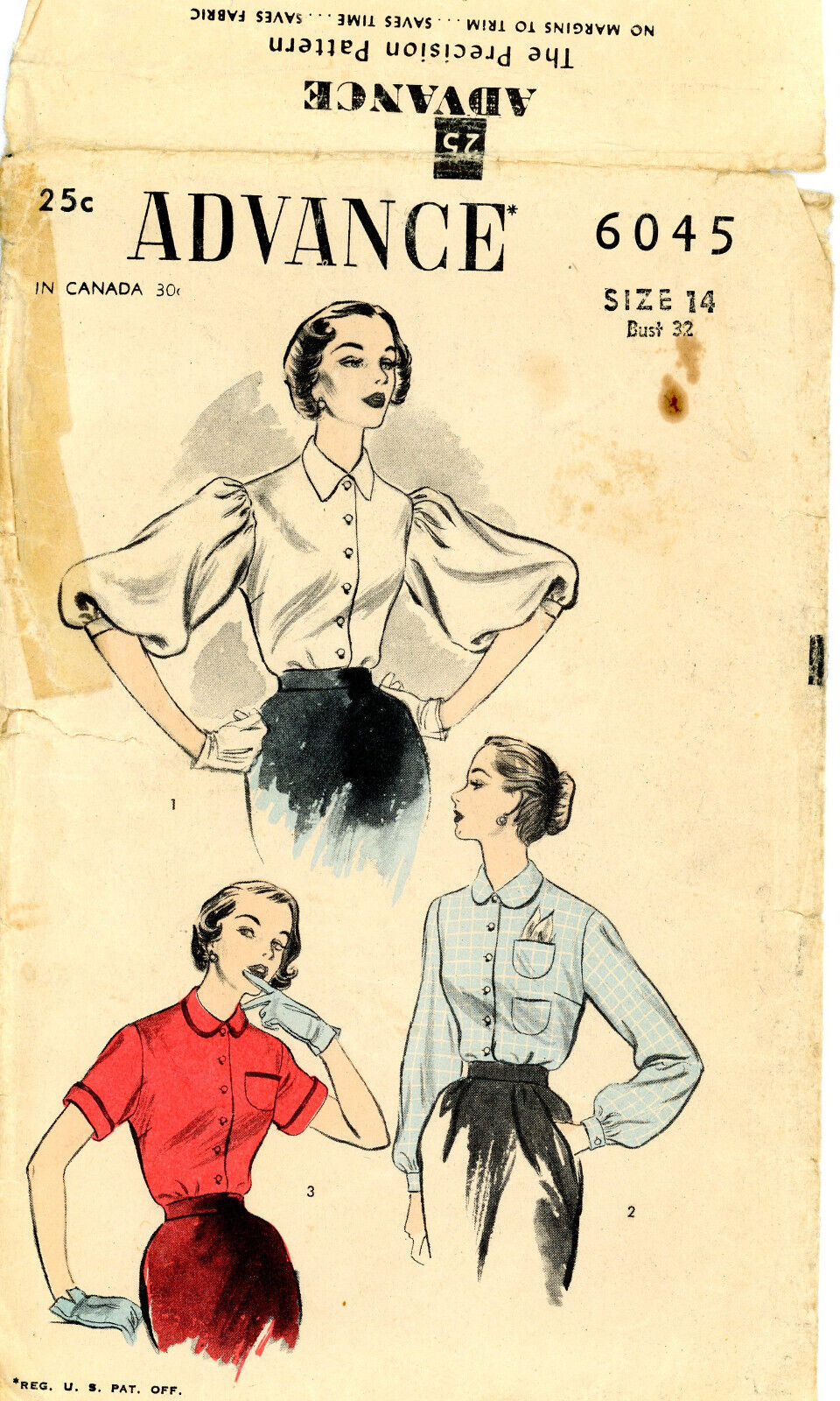 Vintage 1940s Advance  6045 Gathered/Fit Sleeve Blouse Sewing Pattern Bust 32