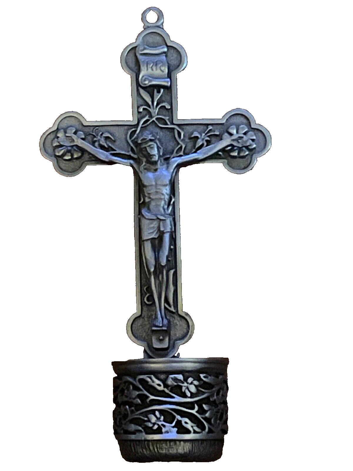 Holy Water Font  Religious Catholic Pewter Stoup with Cross Crucifix Holy Jesus