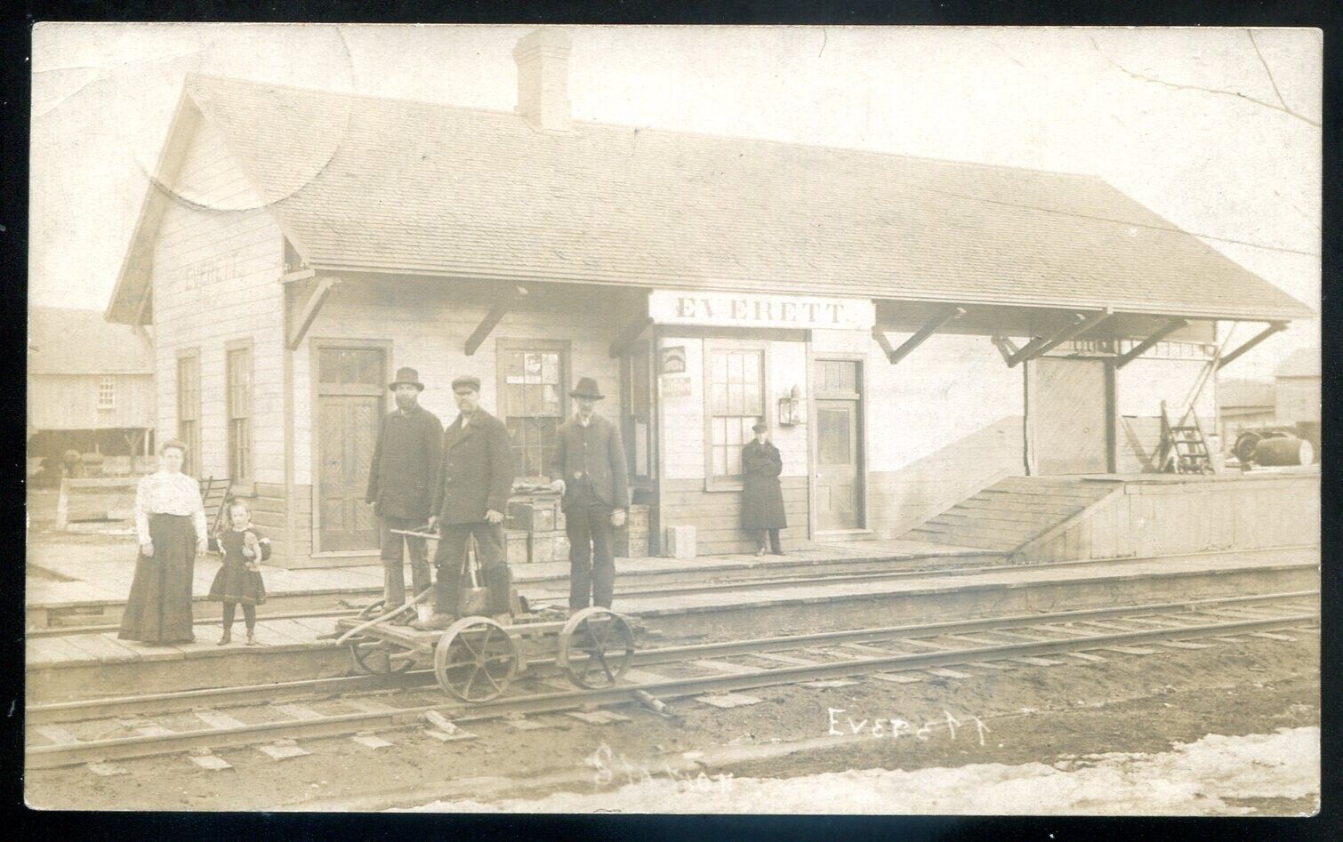 EVERETT Ontario 1900s Train Station. Real Photo Postcard