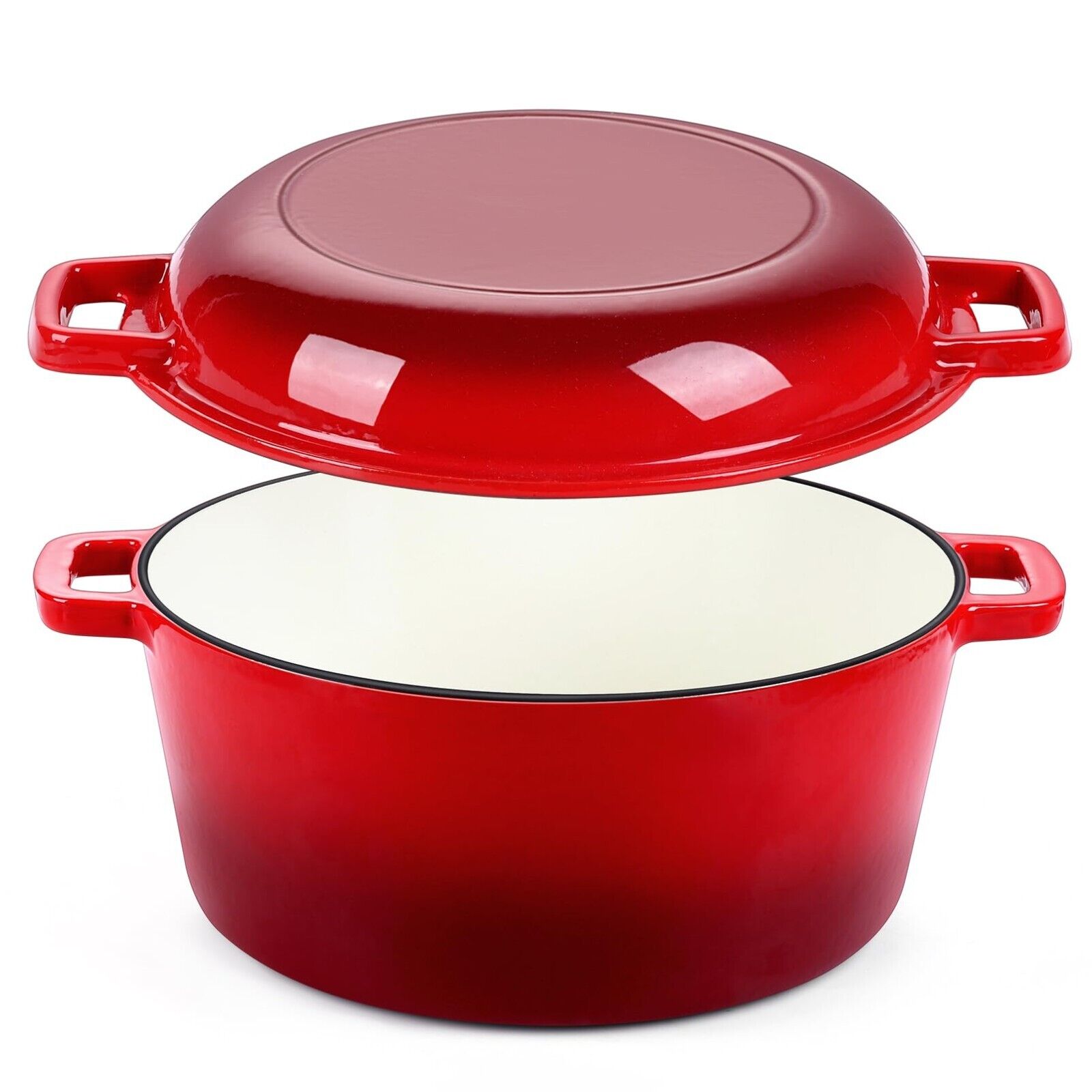 Red Enameled Dutch Oven Pot for Bread Baking, 2 in 1 Round 5Qt Cast Iron Dutch