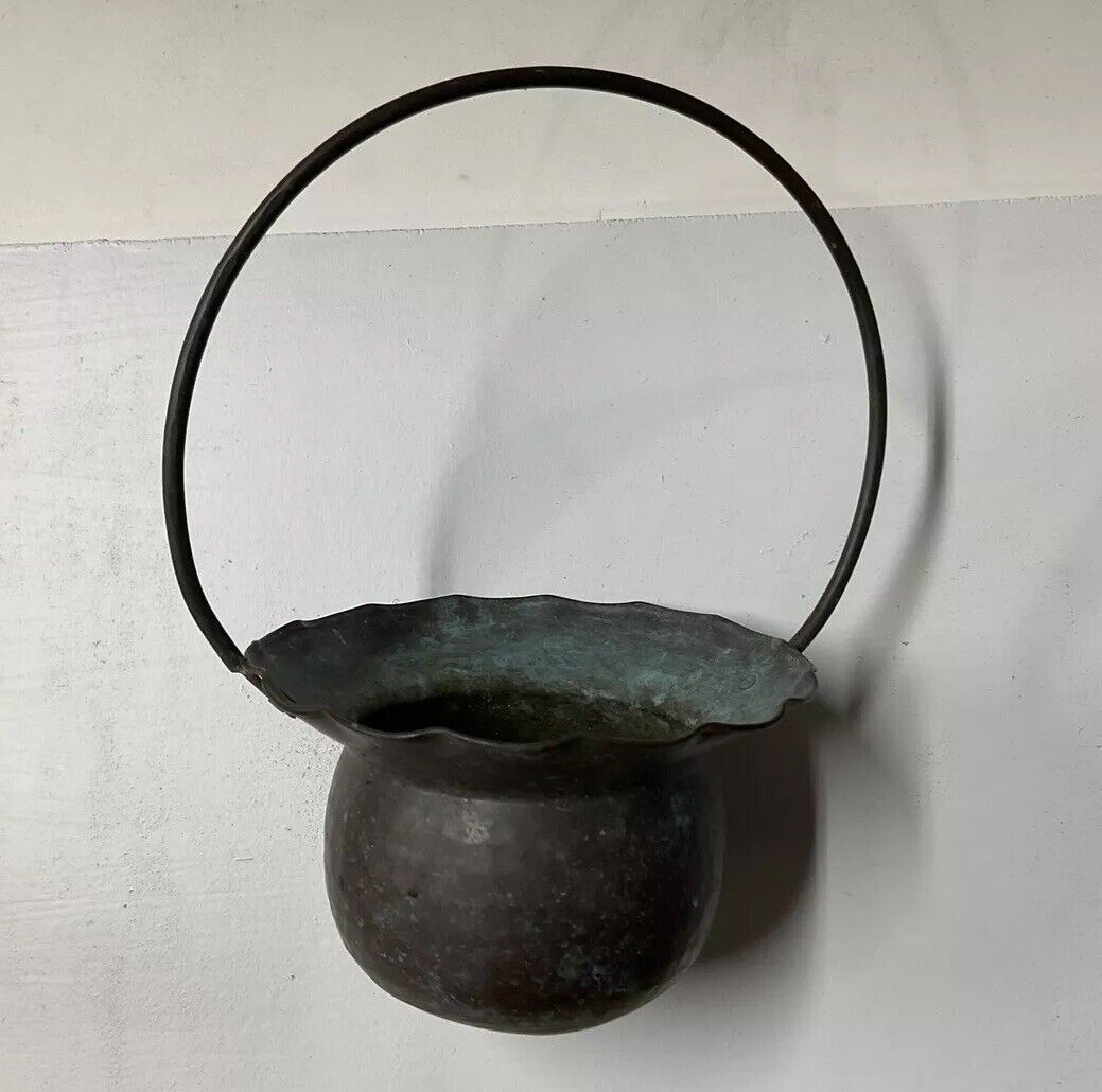 Antique Hammered Copper Hanging Pot, Patina