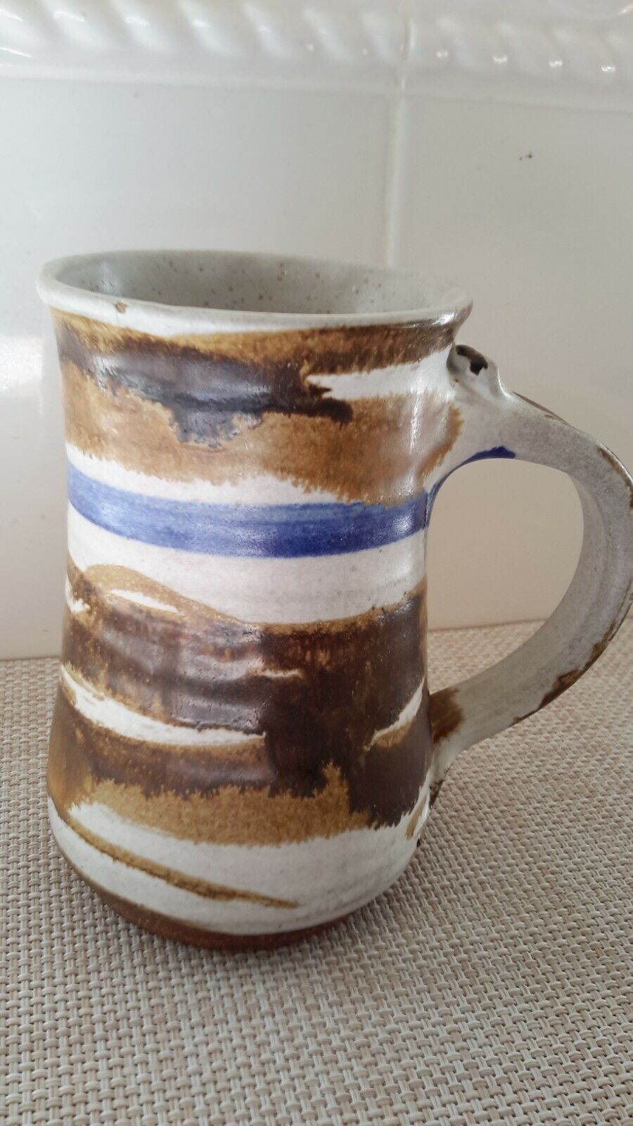 Hand Thrown Redwear Art Pottery Coffee Mug White/Brown/Blue Thumb Rest EUC
