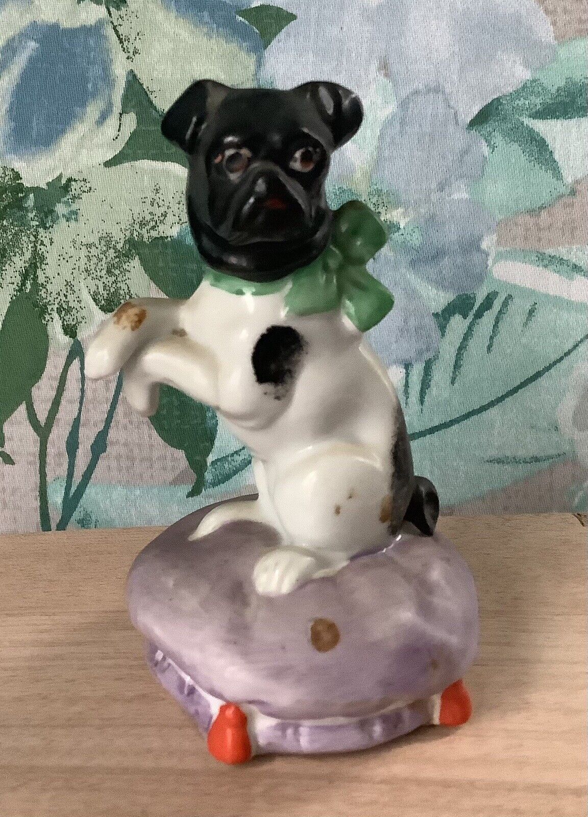 Antique Dog Staffordshire French  Bulldog Sitting On pillow With Bow