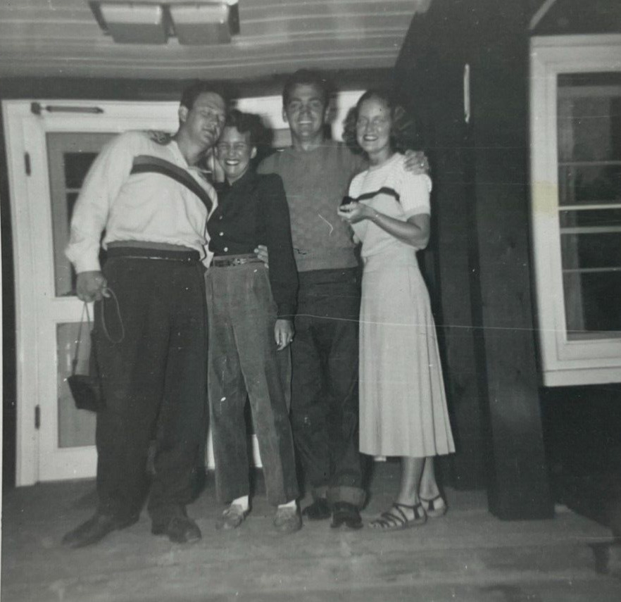 Two Couples Hugging Standing On Porch Smiling B&W Photograph 3.5 x 3.5