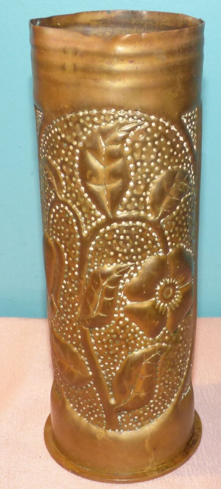 WWI Trench Art Brass Shell Casing Hammered Flower Pattern