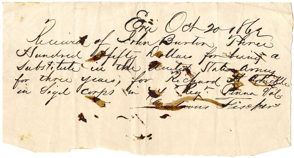 1862 14th Pennsylvania Signal Corps Draft Substitute Handwritten Agreement