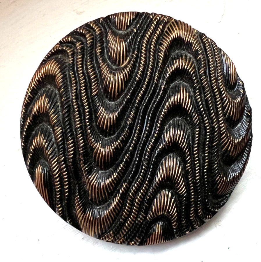 Large 34mm Vintage Czech patterned black glass button ~Waves~1-5/16\