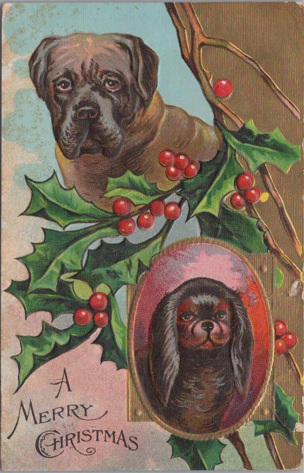 Christmas Postcard Dogs + Holly 1908