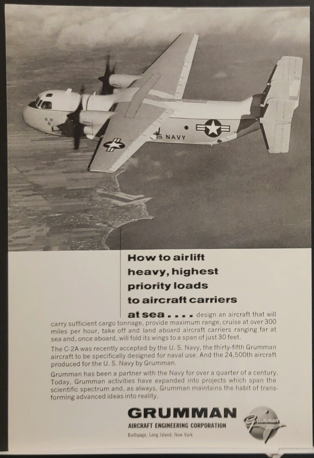 1967 Grumman C2A Cargo Airplane Aircraft Print Ad