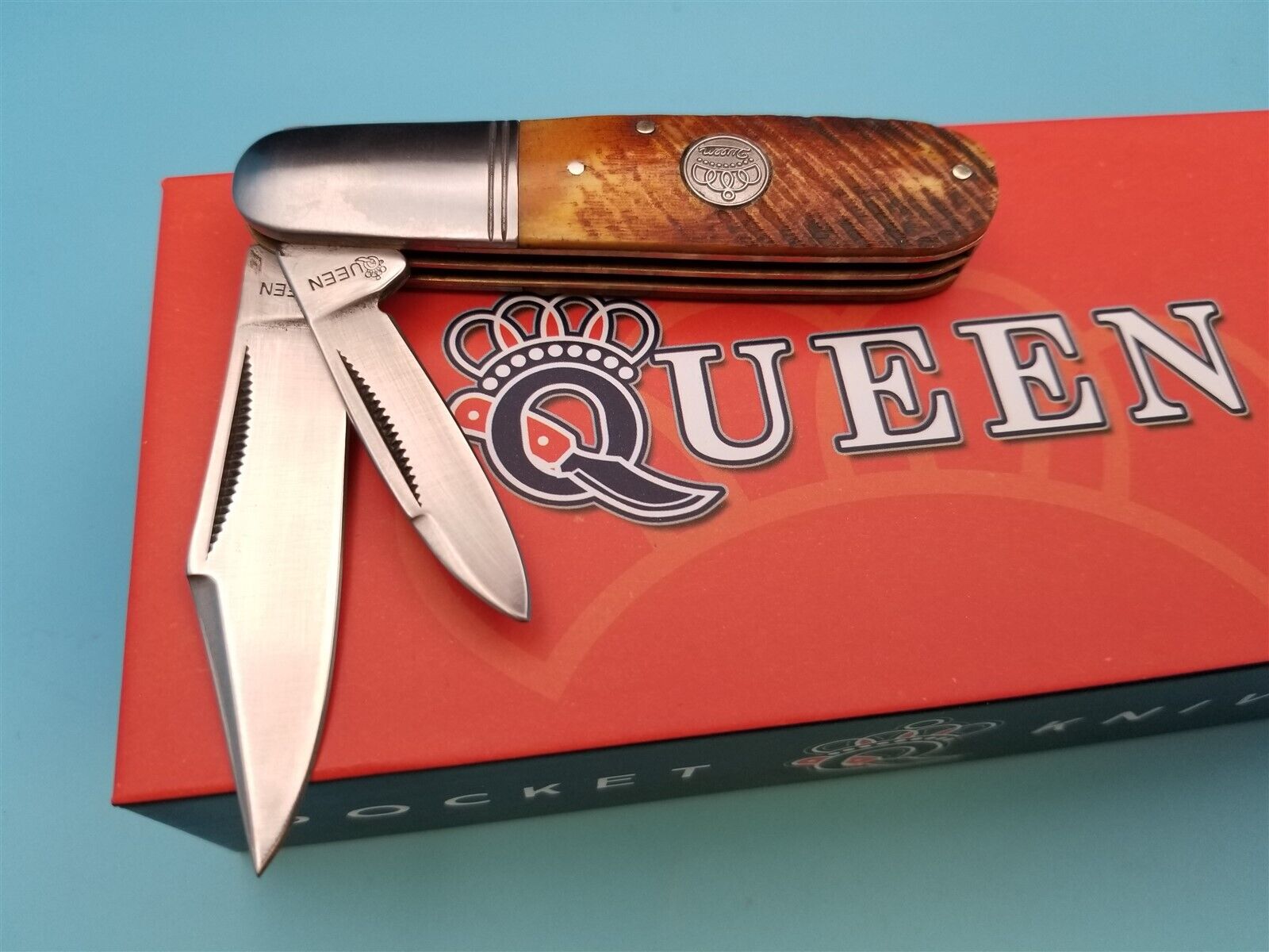 Queen Cutlery Pocket Knife Barlow Folding 2 Blade Brown Sawcut Bone Handle EDC