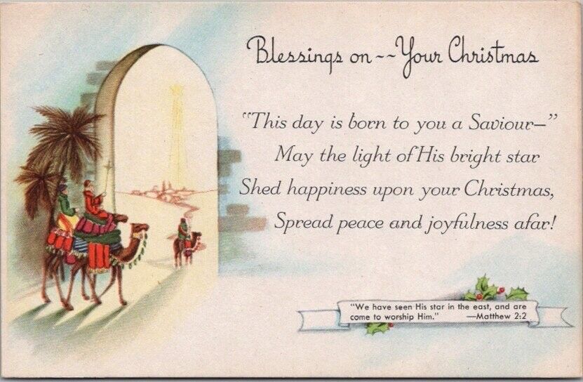 c1950s Religious CHRISTMAS Postcard 3 Wise Men / Camels Bible Verse Matthew 2:2