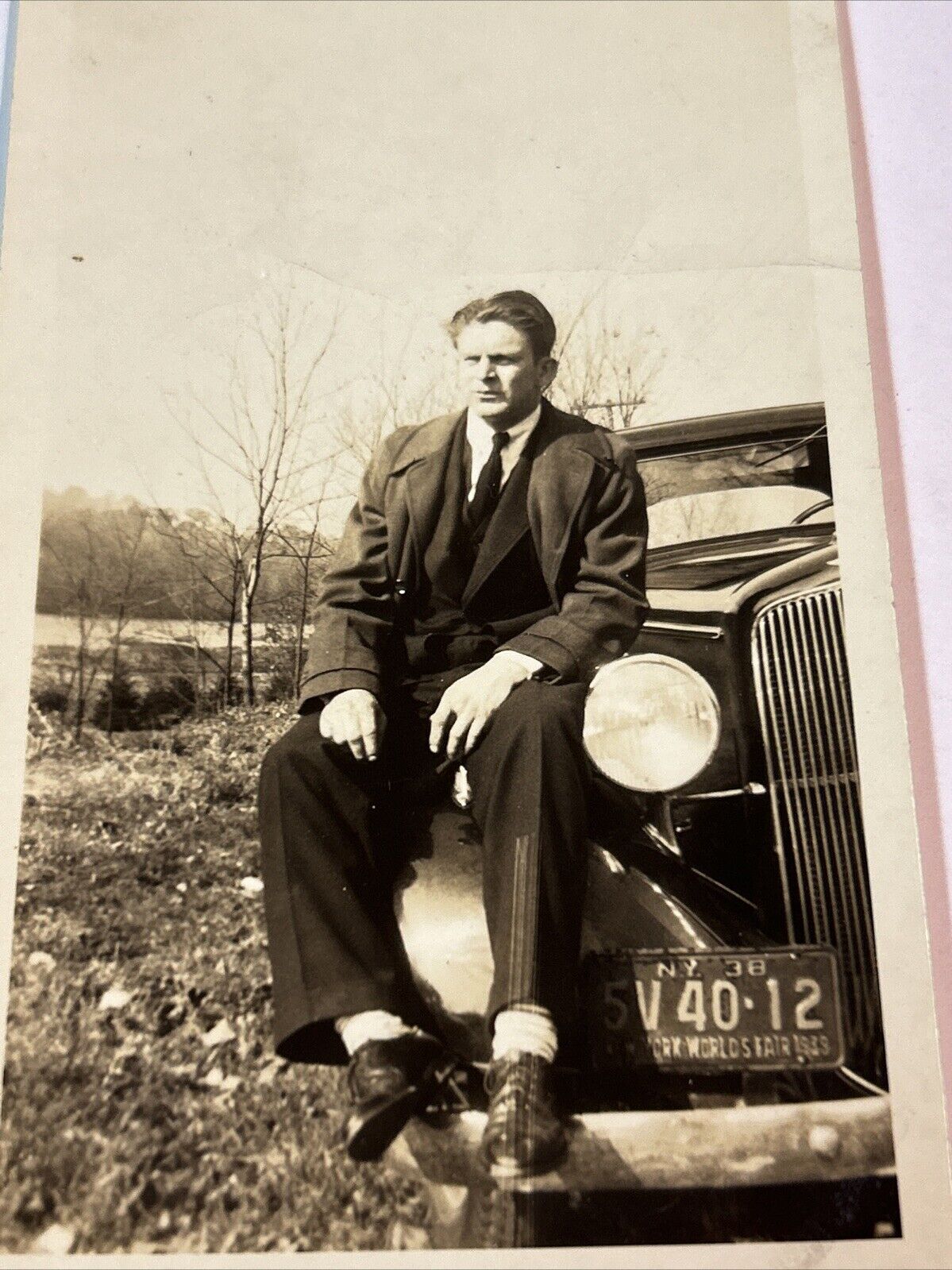 Vtg 1938 Handsome  Dapper Man Posing on Car