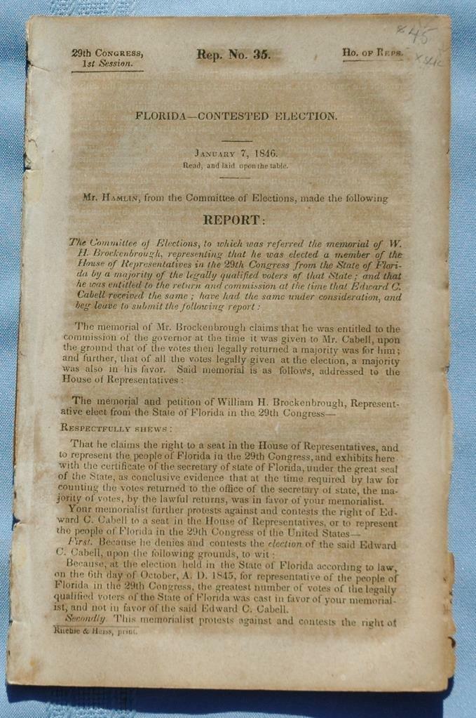 Rare 1846 Congressional Report in The House Over Contested Florida Election