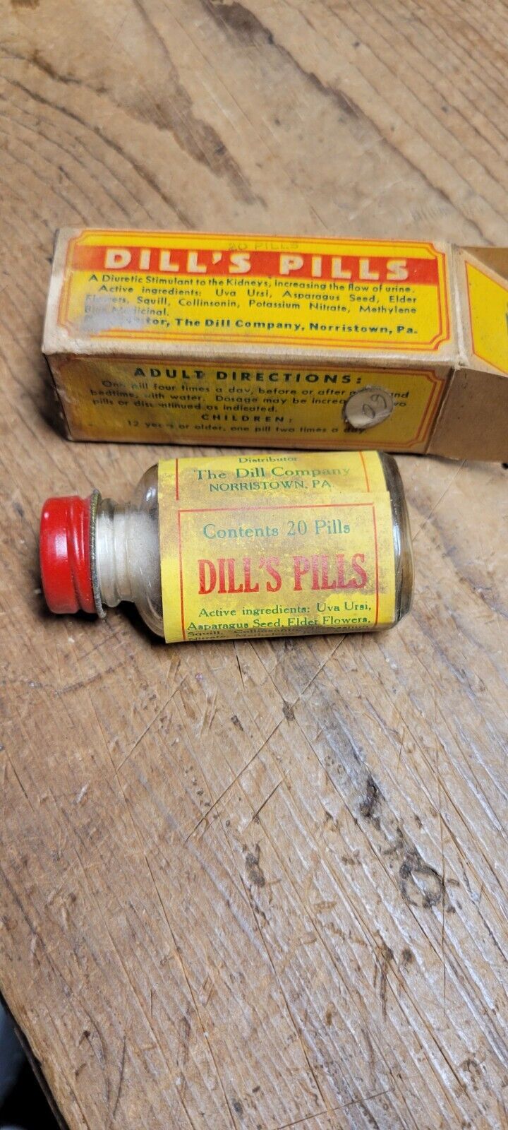Old Vintage 1930s DILL\'S NORRISTOWN PA Medicine Pill BOTTLE & Box Dill Co