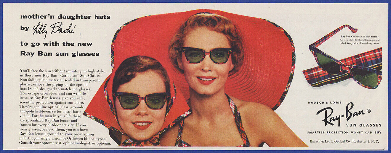 Vintage 1954 RAY-BAN Caribbean Sunglasses Mother Daughter Hats 50\'s Print Ad