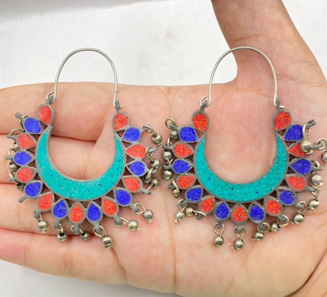 Rare Beautiful Old Vintage Pair Of Color Full Antique Earrings