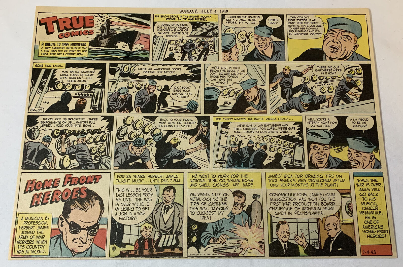 1943 True Comics WWII cartoon ~ SALUTE TO NAVY ENGINEERS plus HERBERT JAMES