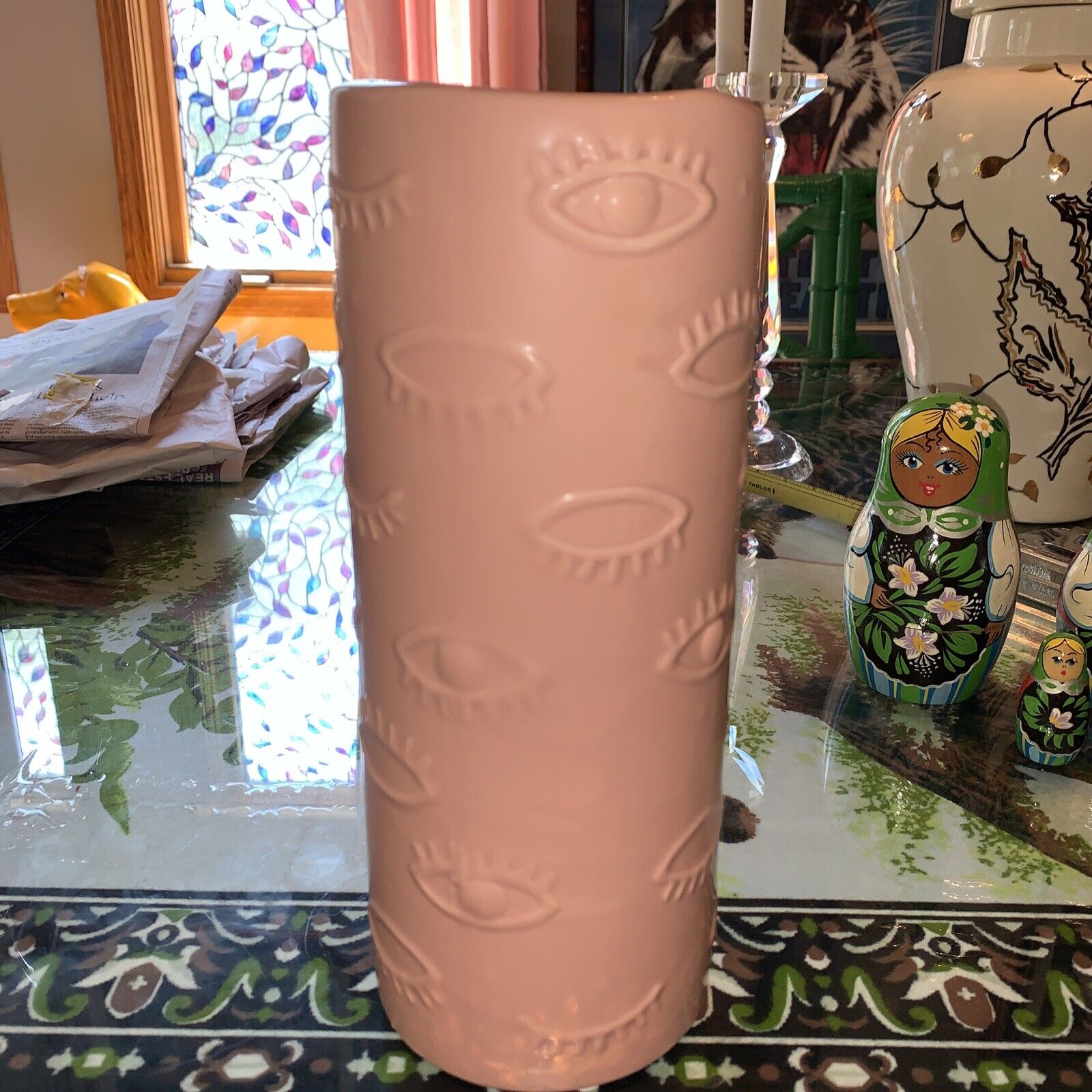 10” “ ALL EYES” Pink Ceramic Vase