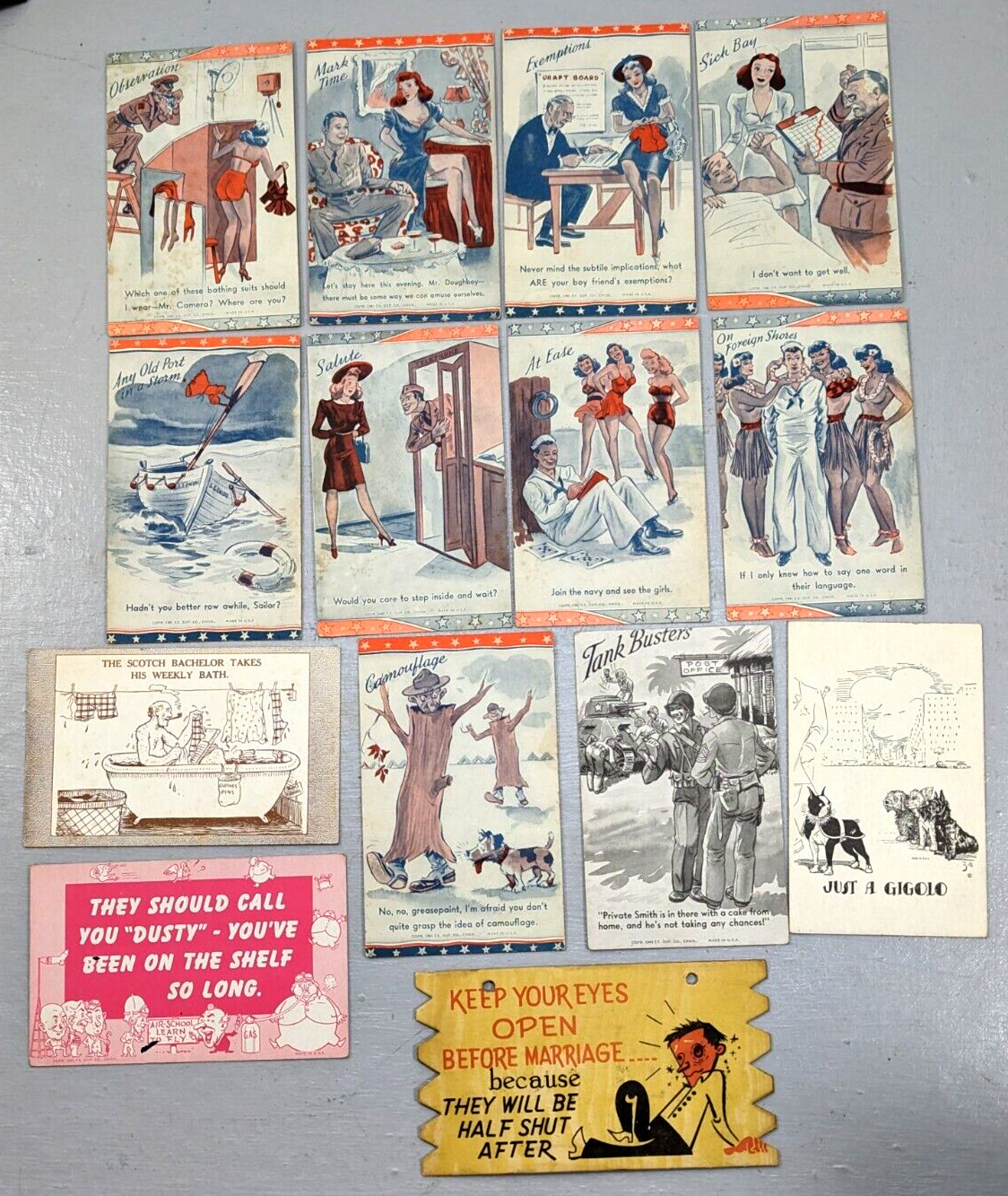 Lot of 14 Vintage Comic Postcards (mostly WW2 Military WAC)  unused