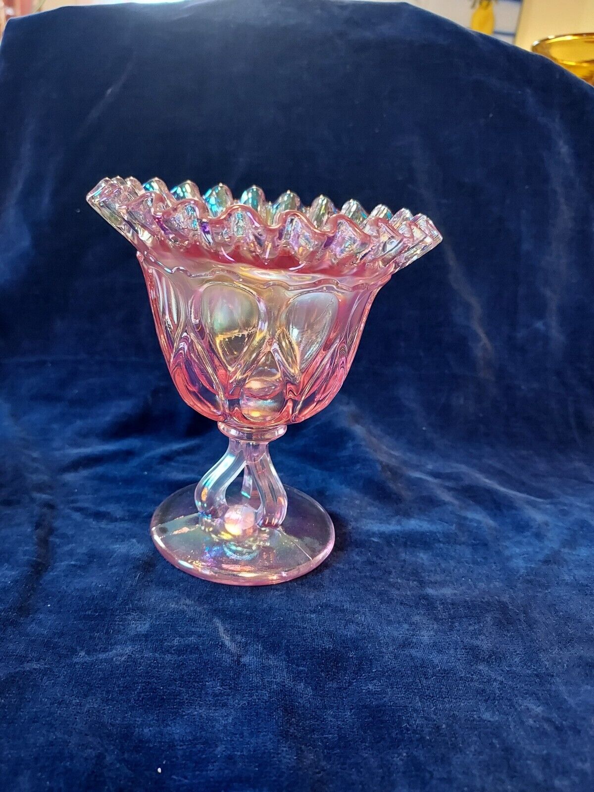 Vintage Fenton Pink Iridescent Ruffled Edge Bowl/ Compote *Unusual*
