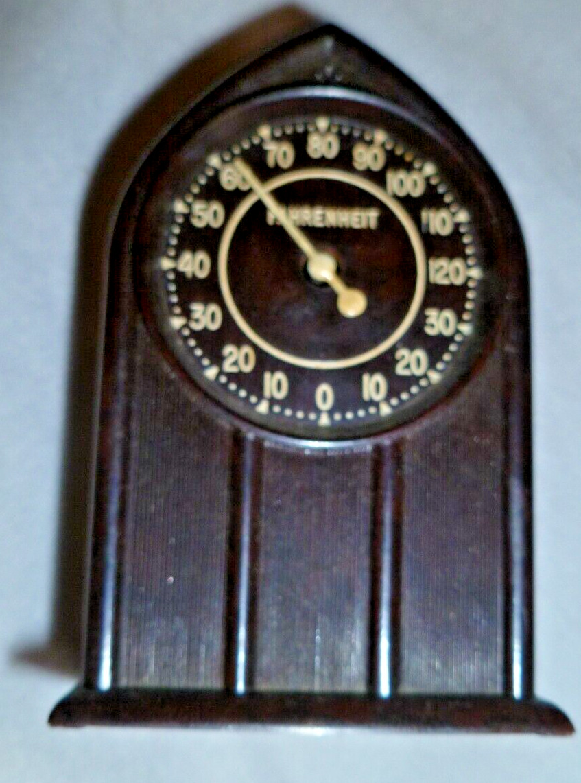 Vintage Miniature Thermoclock Bakelite Dashboard Cathedral Thermometer
