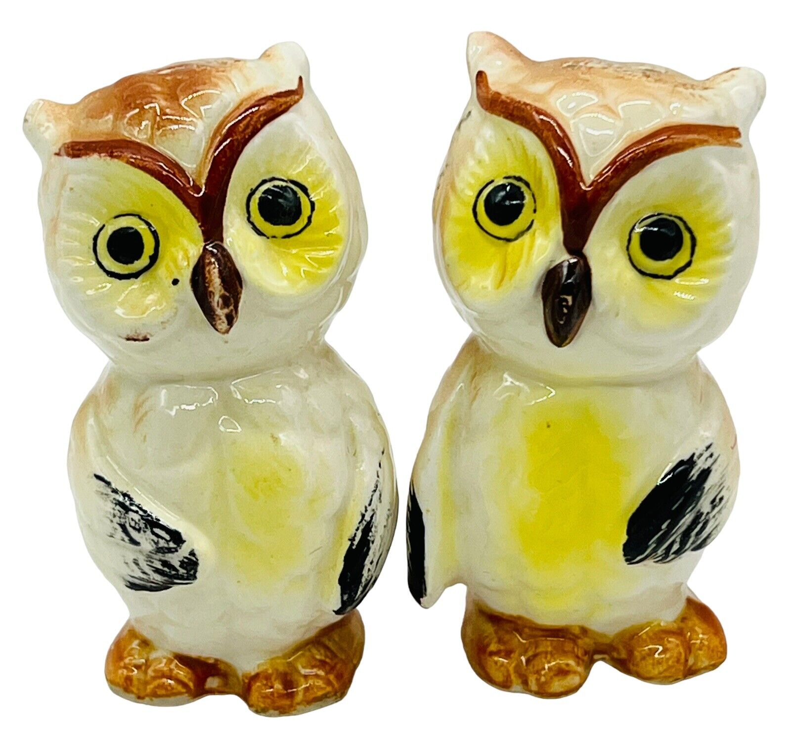 Vintage Owl Couple Salt Pepper Shakers Brown Yellow Japan Hand painted 3 inch