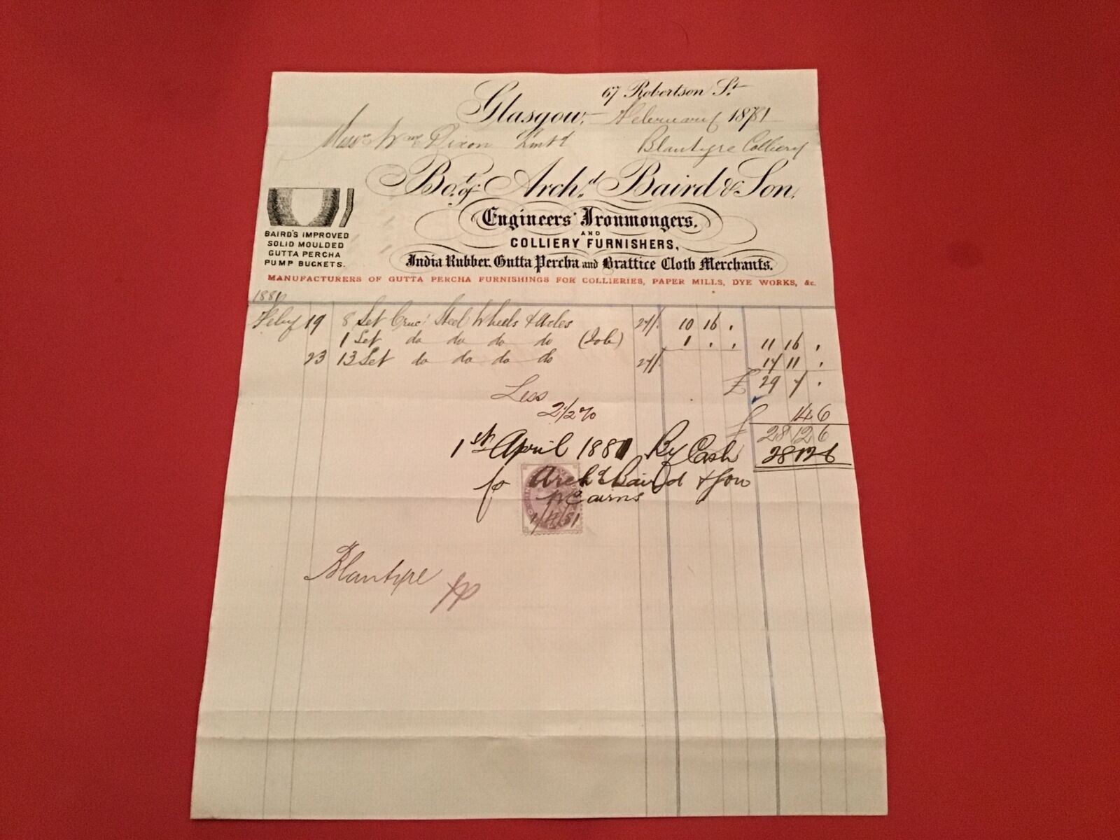 Arch Baird & Son Glasgow 1881 India Rubber Gutta Percha stamped receipt R35750
