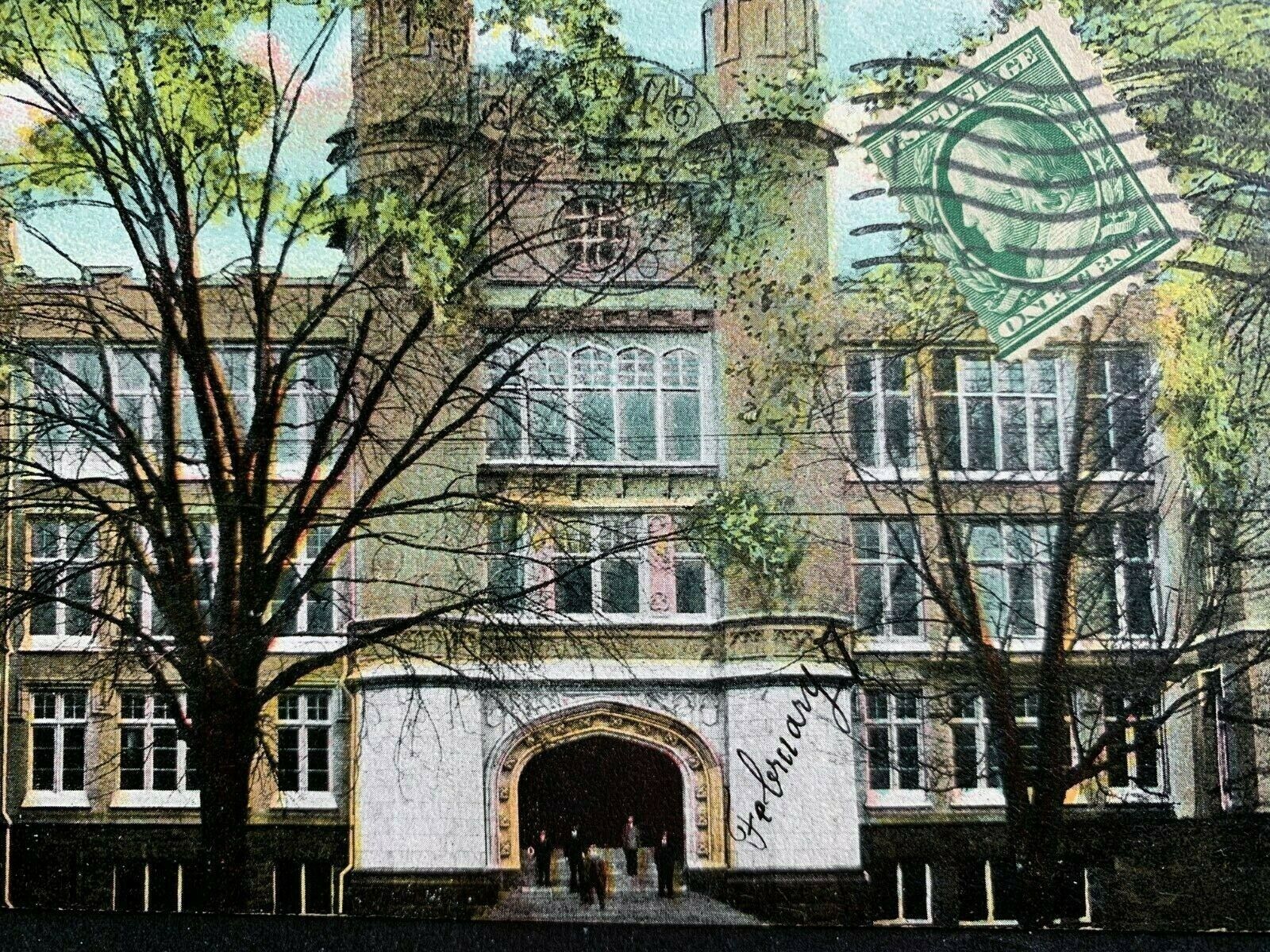 Postcard White Plains NY - High School with Students on Stairs