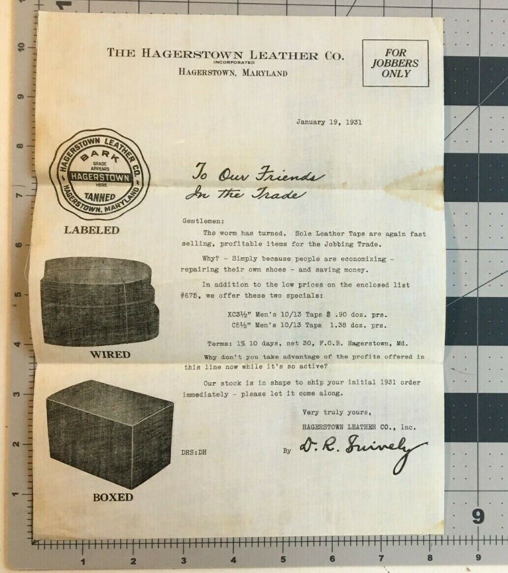 1931 Letthead Hagerstown Leather Co. Maryland        Fabric Paper