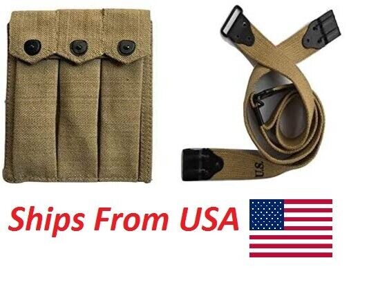 U.S USGI WWII Canvas 3 Pocket Thompson Pouch Holder with Thompson Gun Kerr Sling