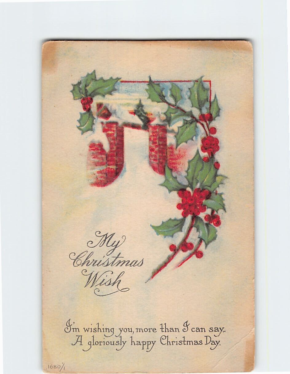 Postcard My Christmas Wish Christmas Holly Art Print