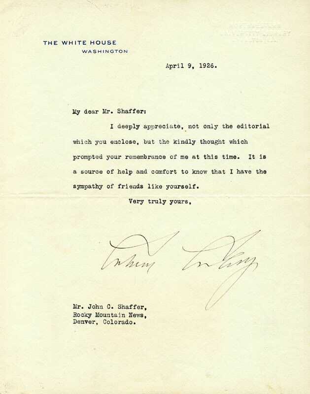 CALVIN COOLIDGE - TYPED LETTER SIGNED 04/09/1926