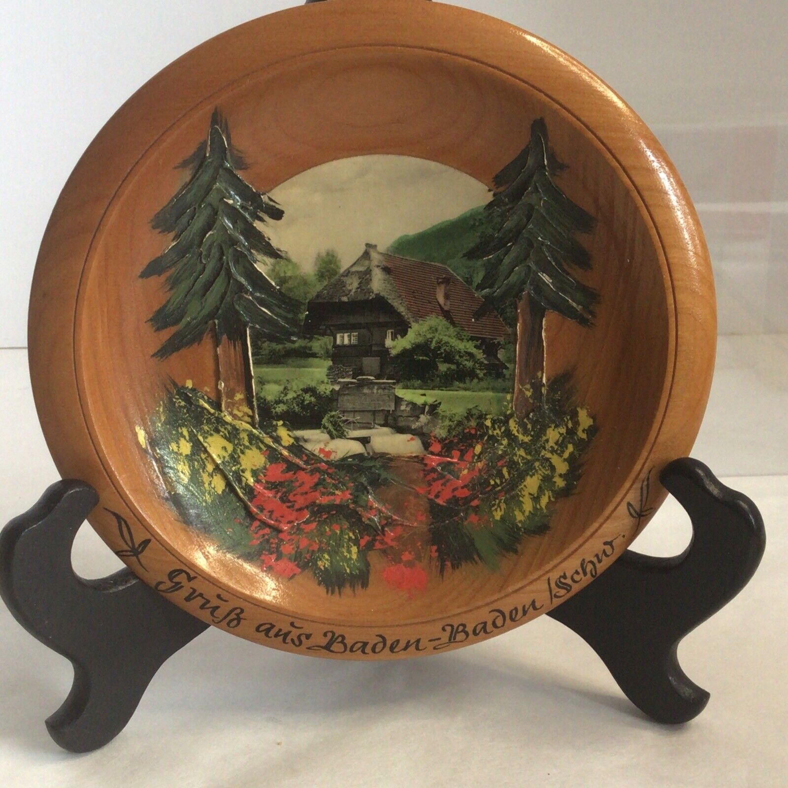 Vintage Grub Aus Baden Scwarzwald Handpainted Cottage Wooden Plate  6”
