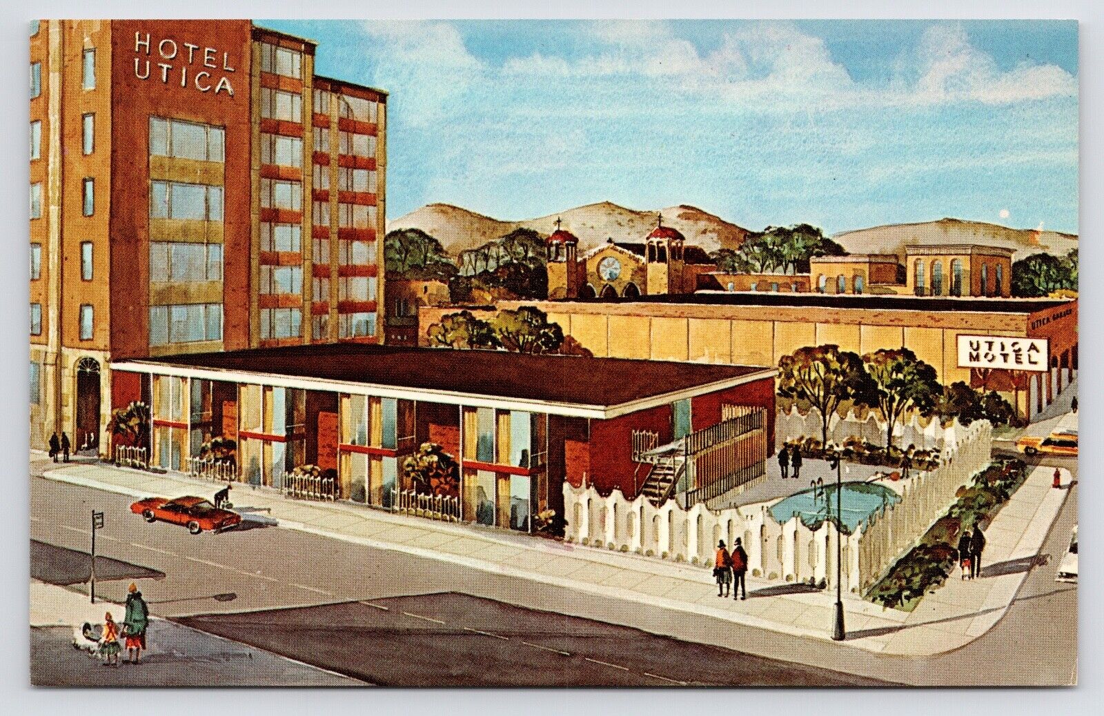 c1960s~Utica New York NY~Motel & Hotel~Downtown~Aerial View~Art~Vintage Postcard