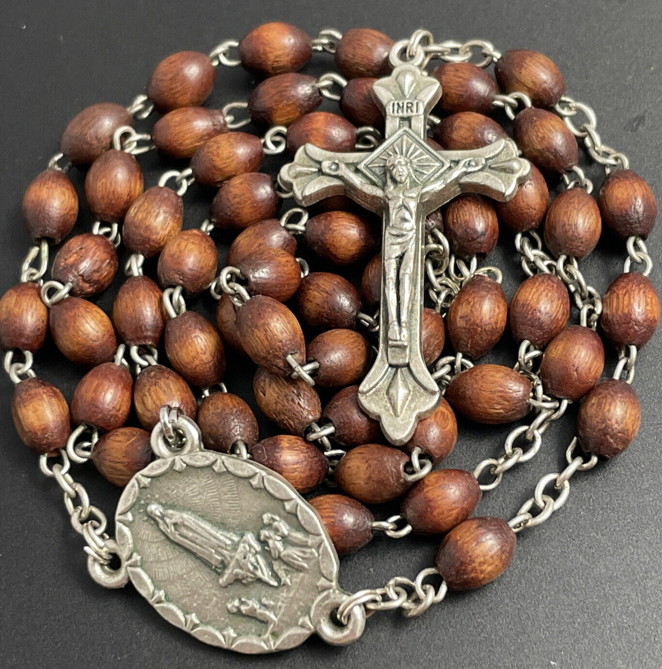 Catholic OL Fatima Wood Rosary, Silver Tone Crucifix, Italy