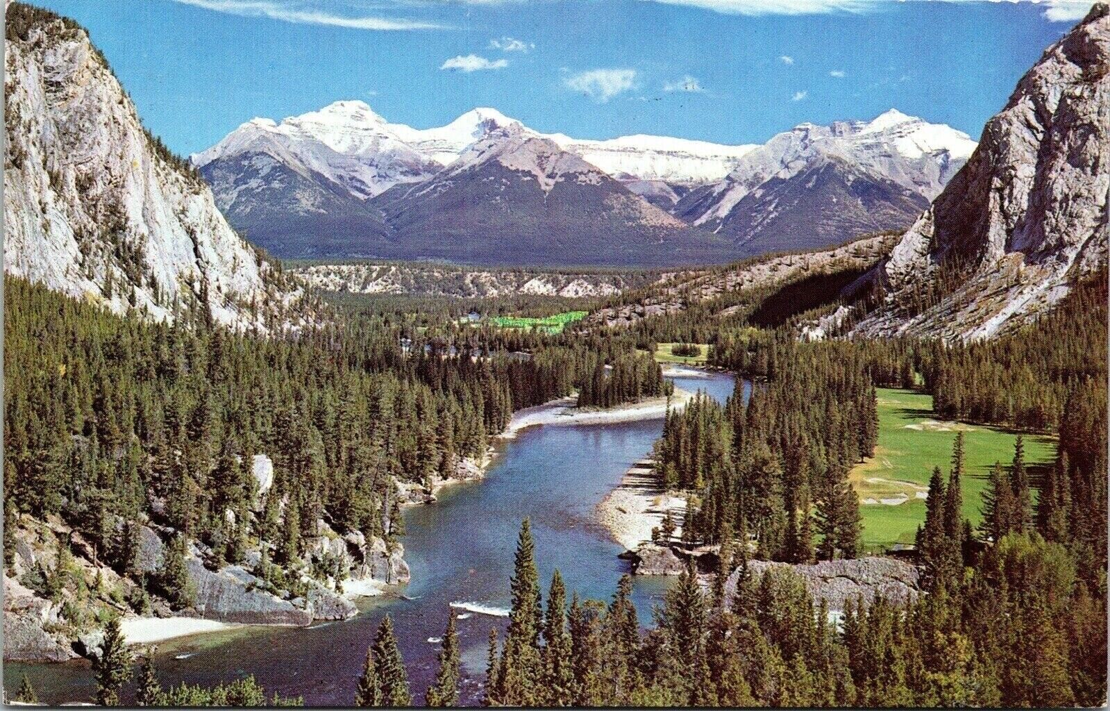 Canadian Rockies Bow Valley River Mountain Range Postcard PM Banff Alberta WOB