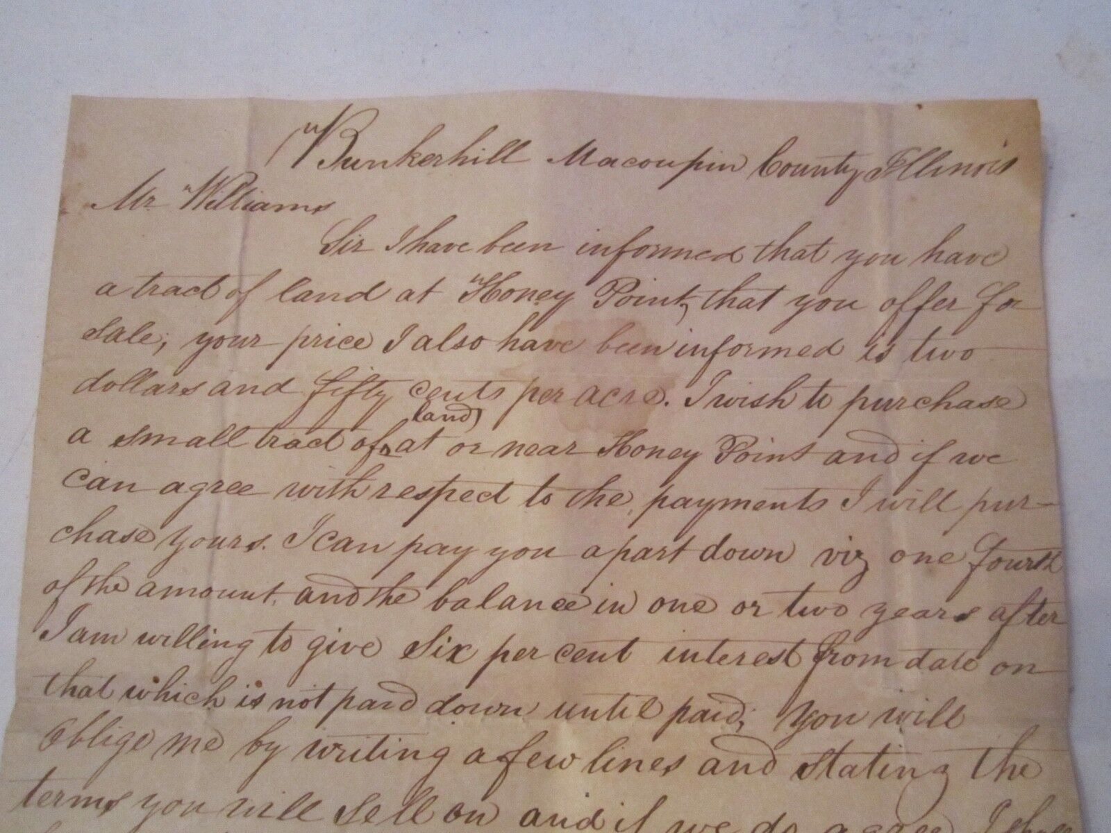 1839 LETTER - THE LETTER IS FOR A PURCHASE OF LAND AT $2.50 PER ACRE - OFC-D