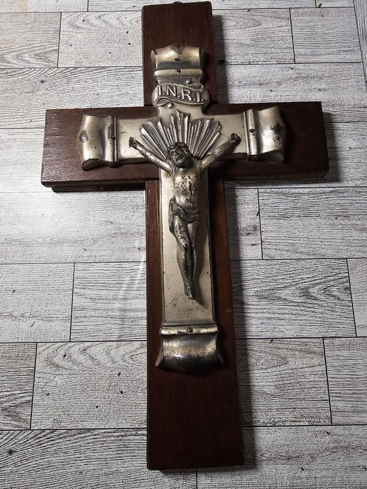 Antique Silver Metal INRI Casket Crucifix Cross Jesus Wall Mount