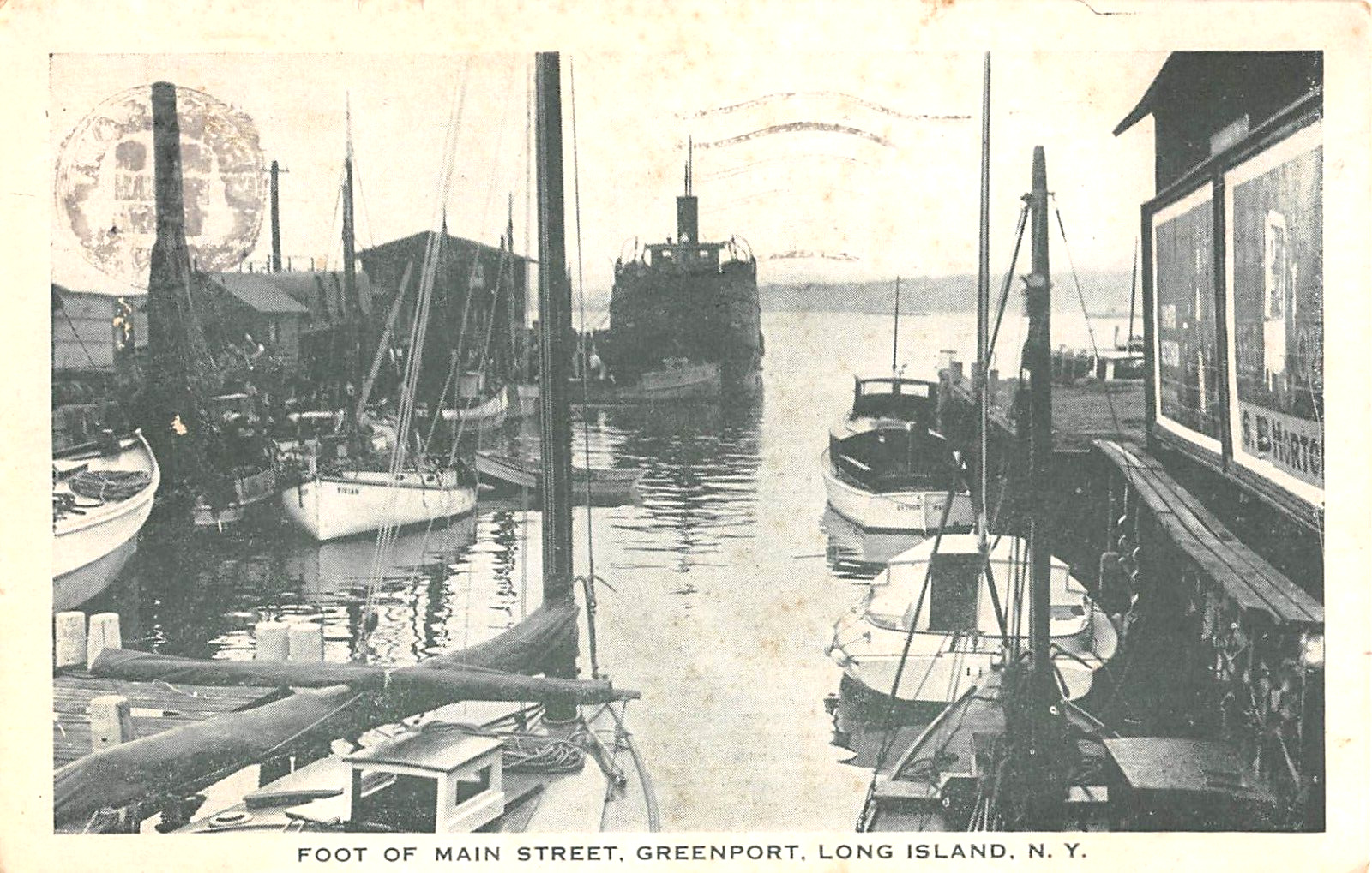 1937 Boats in Harbor Foot of Main St. Greenport LI NY post card
