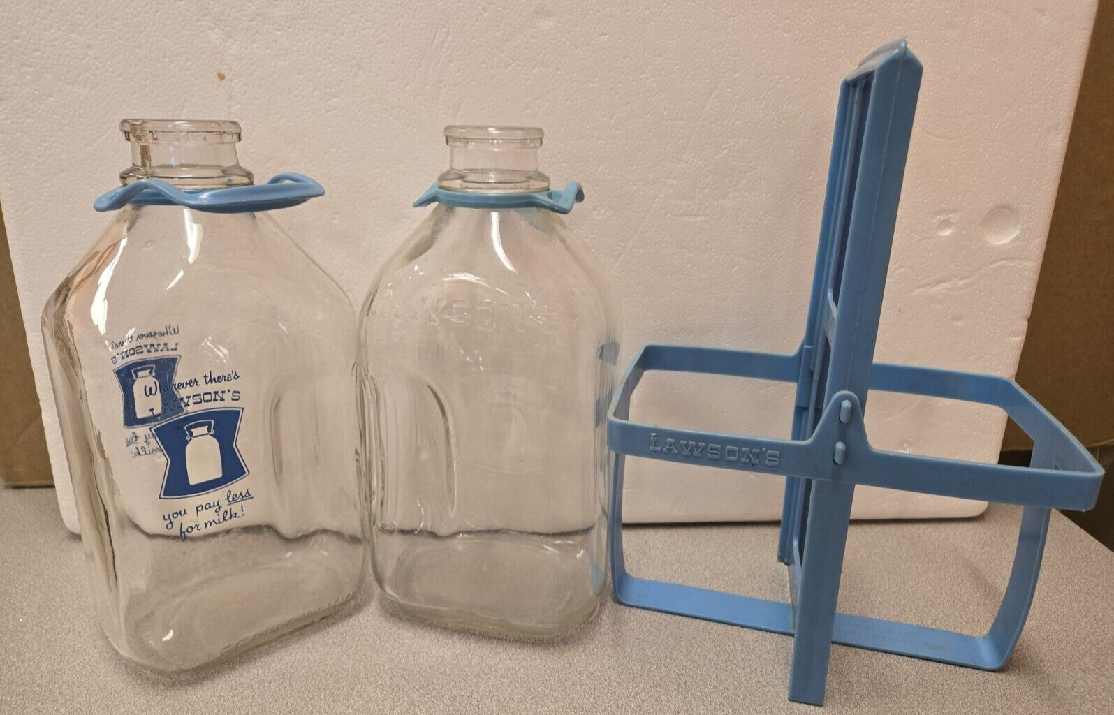 Vintage **LAWSON'S Half 1/2 Gallon Glass Milk Jug w/Carrier Handle