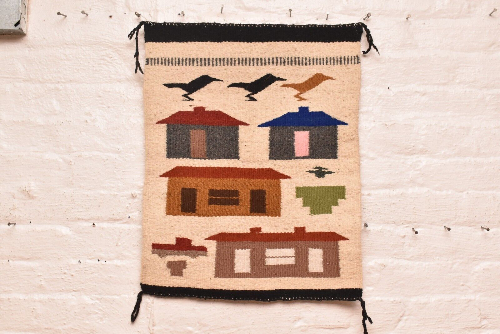 Antique Navajo Rug Textile Native American Indian 22x17 PICTORIAL VTG Weaving