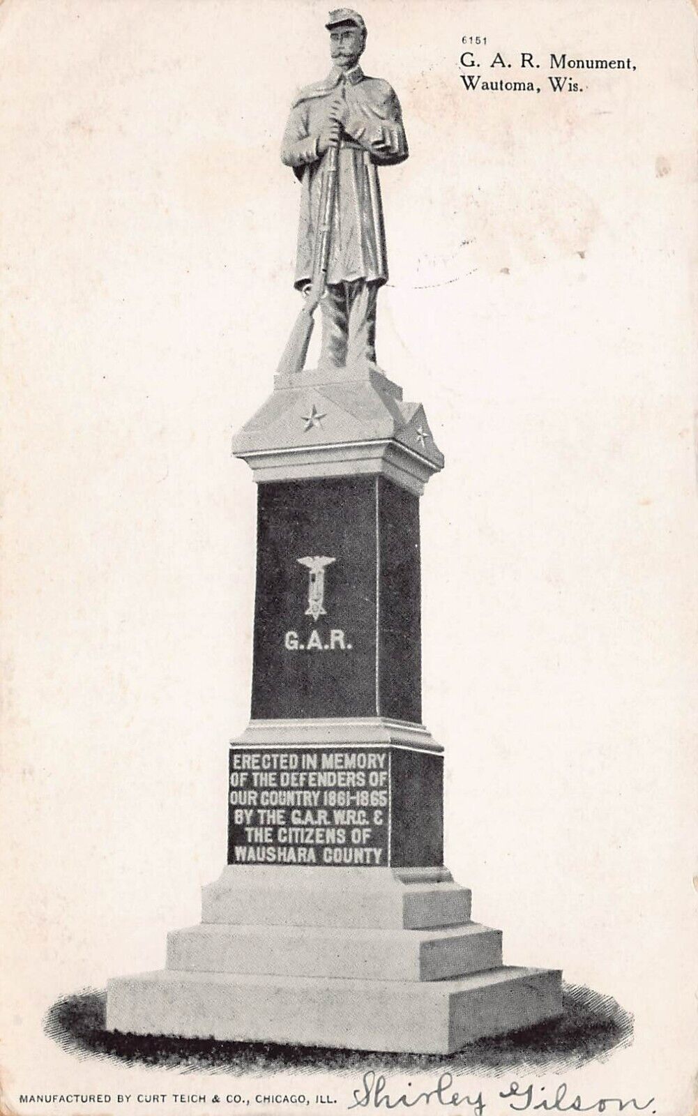 Civil War GAR Monument Statue Wautoma WI Wisconsin Army Military Vtg Postcard O3