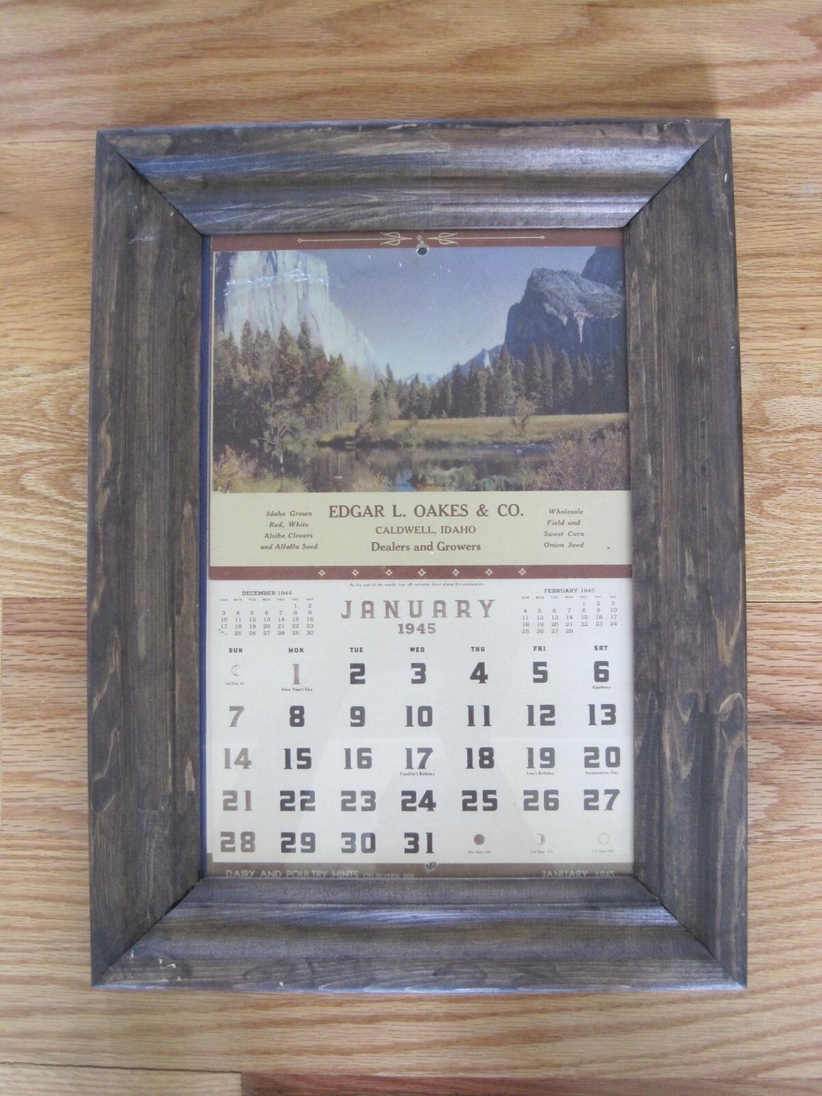 1945 Caldwell Idaho Calendar Advertising Egar C Oakes & Co. Dealers In Frame