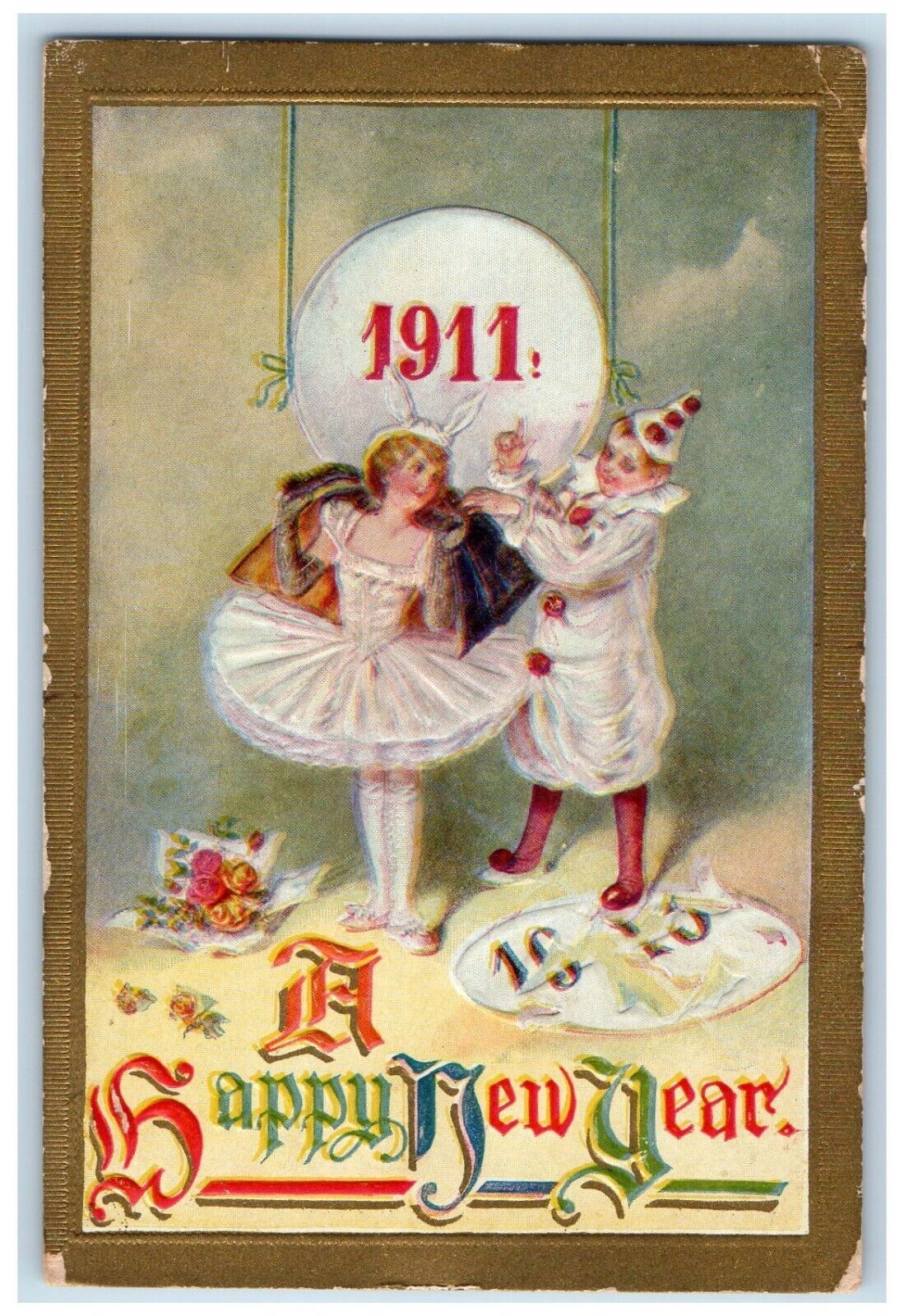 1911 Happy New Year Jester And Ballerina Flowers Embossed Antique Postcard