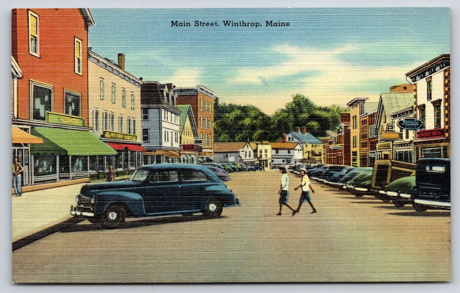 Winthrop Maine~Main Street~Rexall Drugs~Cars~Linen Postcard